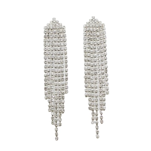 Sparkling S925 silver long tassel earrings with full crystal rhinestones on white background