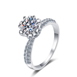 S925 sterling silver ring with round Moissanite stone in a classic six-prong petal setting