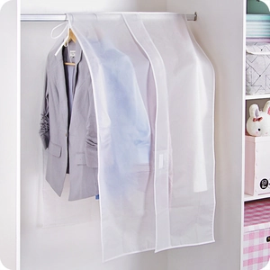 Translucent PEVA garment cover for dustproof suit storage shown in a home closet