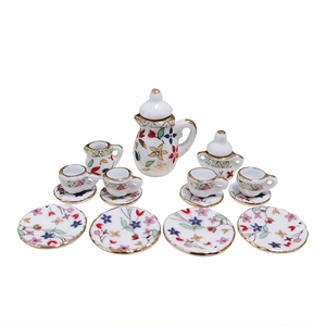 15-piece 1:12 dollhouse miniature ceramic tea set with floral pattern and gold trim