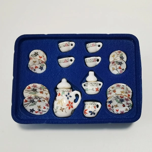 15pcs 1:12 dollhouse miniature ceramic tea set with floral pattern and gold trim