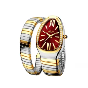 Detail of snake-shaped watch with red sunburst dial and diamond-set steel bezel