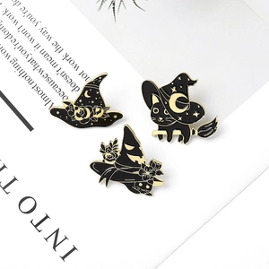 Set of 3 Halloween enamel cat wizard brooches in black and gold alloy finish