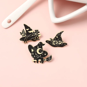 Three-piece Halloween black cat and witch hat enamel pin set with gold-plated metal finish