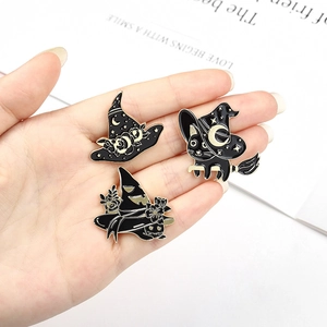 Set of 3 Halloween black cat and witch hat enamel pins in gold-tone alloy for denim