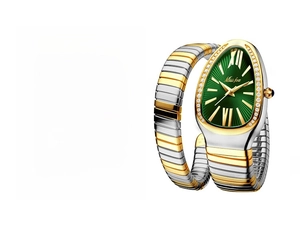 Detail of gold-silver serpent watch with a green sunray dial and diamond-set snake head