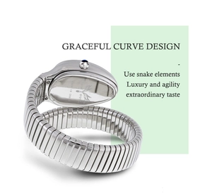 Detail of silver snake-shaped watch caseback featuring engraved logo and blue gemstone crown