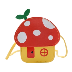 Cartoon mushroom house PU leather crossbody bag for kids with vibrant red and yellow colors