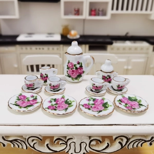 Miniature dollhouse ceramic tea set with pink rose pattern and gold trim 15pcs