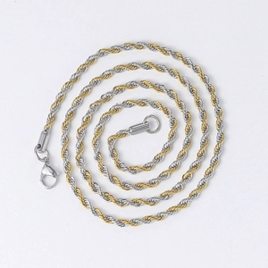 Close-up of a 3mm two-tone gold and silver stainless steel twisted rope chain with clasp