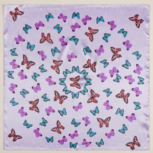 Lavender satin square scarf with colorful butterfly patterns laid flat on a white background