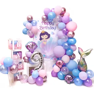 Mermaid birthday party decoration set with pastel balloons and happy birthday backdrop