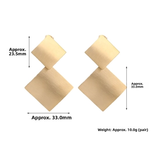 Detailed view of geometric matte gold earrings with dimensions and weight specs