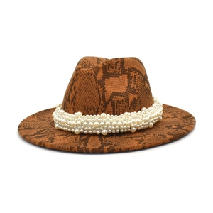 British style wool fedora hat featuring brown snake skin pattern and pearl trim decoration