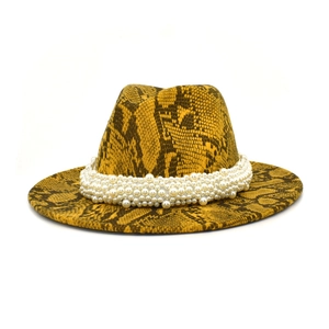 Snake Skin Print Woolen Fedora Jazz Hat With Faux Artificial Pearl Decoration Wide Brim Elegant Fashion For Women Men