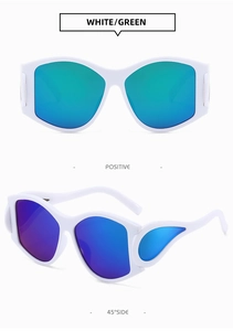 White punk sunglasses featuring colorful gradient lenses and hollow teardrop side details