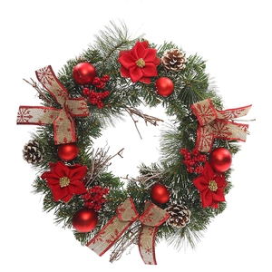 Christmas wreath with red fabric flowers, pine cones and snow-printed burlap ribbon on white background