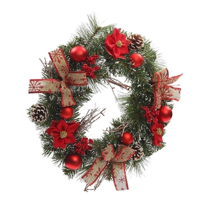 Detailed Christmas wreath featuring red berries, pine cones and snowflake bow ornaments