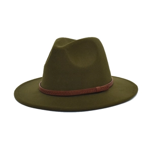 Detail view of military green wool jazz hat with a brown leather decorative band