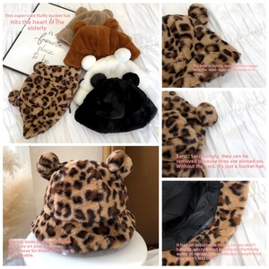Detail view of plush leopard bucket hat with removable ears and adjustable lining