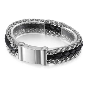 Men's double-layered bracelet with silver steel keel chain and black braided leather rope