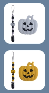 Dual-color silicone pumpkin teether and pacifier clip sets in grey and yellow combos