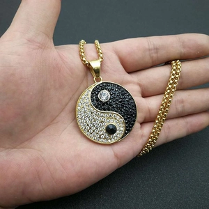 Handheld gold plated stainless steel Tai Chi Yin Yang pendant with black white rhinestones