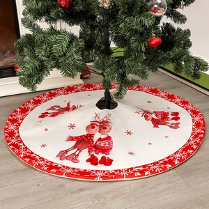 White 122cm Christmas tree skirt featuring printed reindeer and red snowflake border