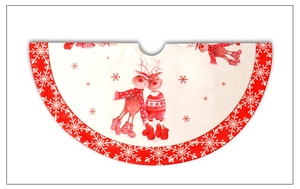 Detail of red and white 122cm Christmas tree skirt with reindeer and snowflake patterns