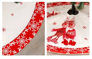 Detailed pattern of printed snowflakes and reindeer on a red and white Christmas tree skirt