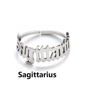 Adjustable silver stainless steel Sagittarius ring featuring gothic font lettering