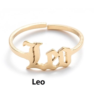 Adjustable golden stainless steel Leo zodiac ring with vintage Old English lettering