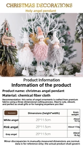 Detailed size chart for Christmas angel tree hanging decorations in white, pink, and grey