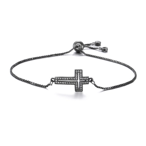 Adjustable gunmetal cross bracelet with white cubic zirconia pavé and box chain