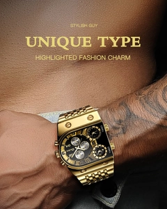 Close-up of Oulm multi-timezone gold watch with black dial on male tattooed arm