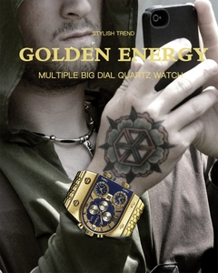 Close-up of golden multi-dial quartz watch on wrist with stylish hoodie background