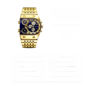 Detailed specs of the gold Oulm multi-timezone quartz watch with blue dial