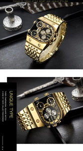 Detailed close-up of a gold multi-timezone square quartz watch with a metal steel band
