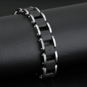 Men's black stainless steel bike chain bracelet with carbon fiber texture details