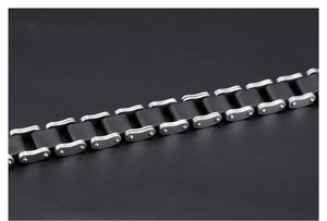 Macro view of black and silver bicycle chain style bracelet with metallic texture
