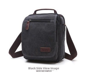 Detail shot of black canvas messenger bag with brown leather handles and zipper pulls