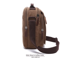 Side view detail of coffee brown canvas messenger bag with multiple zipper pockets