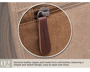 Detail of high-quality brown leather zipper pull on durable canvas messenger bag