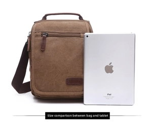 Brown canvas crossbody bag size comparison with an iPad showing multiple pockets