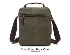 Detail view of the military green canvas messenger bag back with zipper pocket