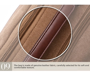 Close-up of genuine leather trim and soft canvas fabric with reinforced stitching detail