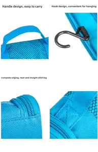 Detail of blue toiletry bag featuring durable hook, sturdy handle and smooth zippers