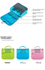 Hanging toiletry bag detail showing high-density Oxford fabric and mesh storage compartments