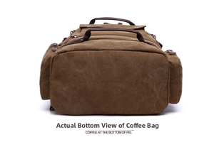 Detailed bottom view of large canvas travel backpack in dark coffee showing reinforced stitching