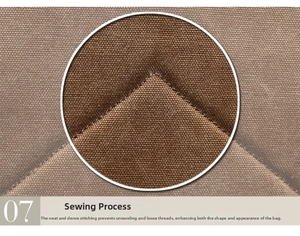 Macro detail of uniform sewing process on heavy brown canvas fabric of a travel backpack